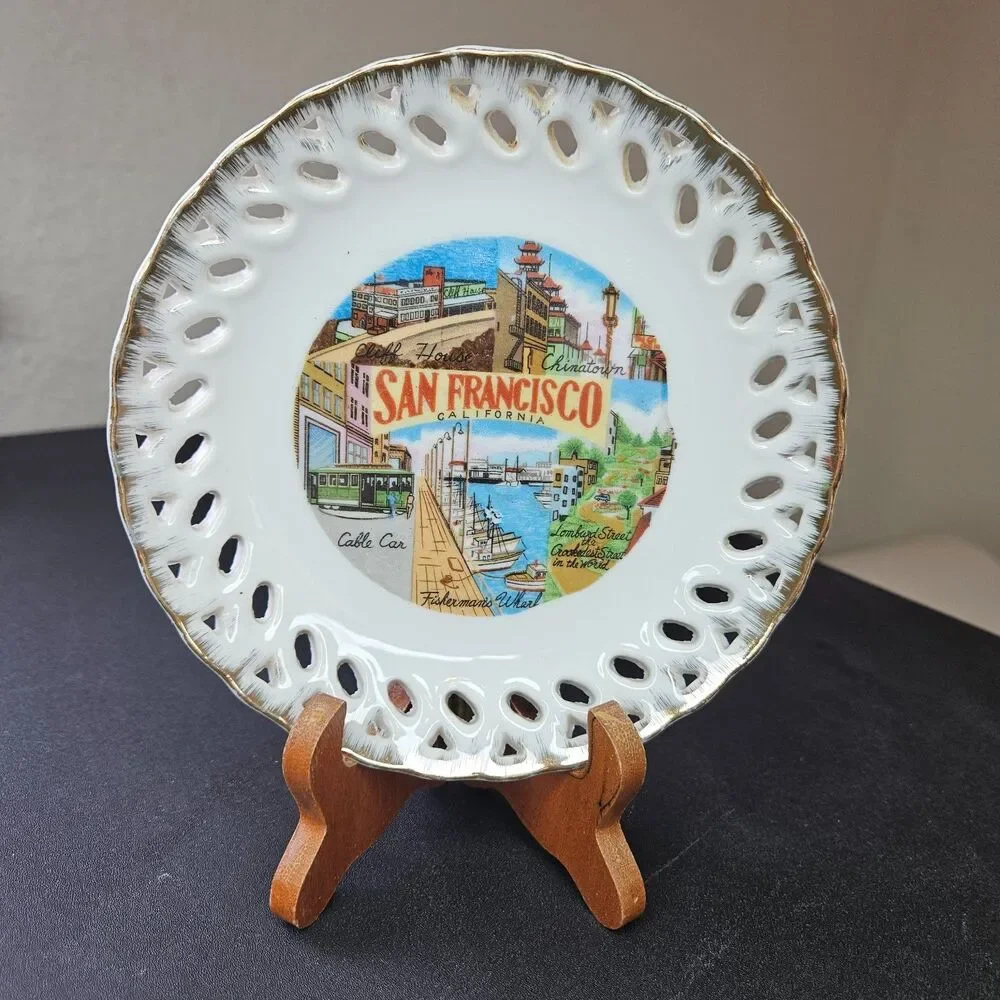 VTG San Francisco Souvenir Plate with Wood Display Stand Made in Japan Decor